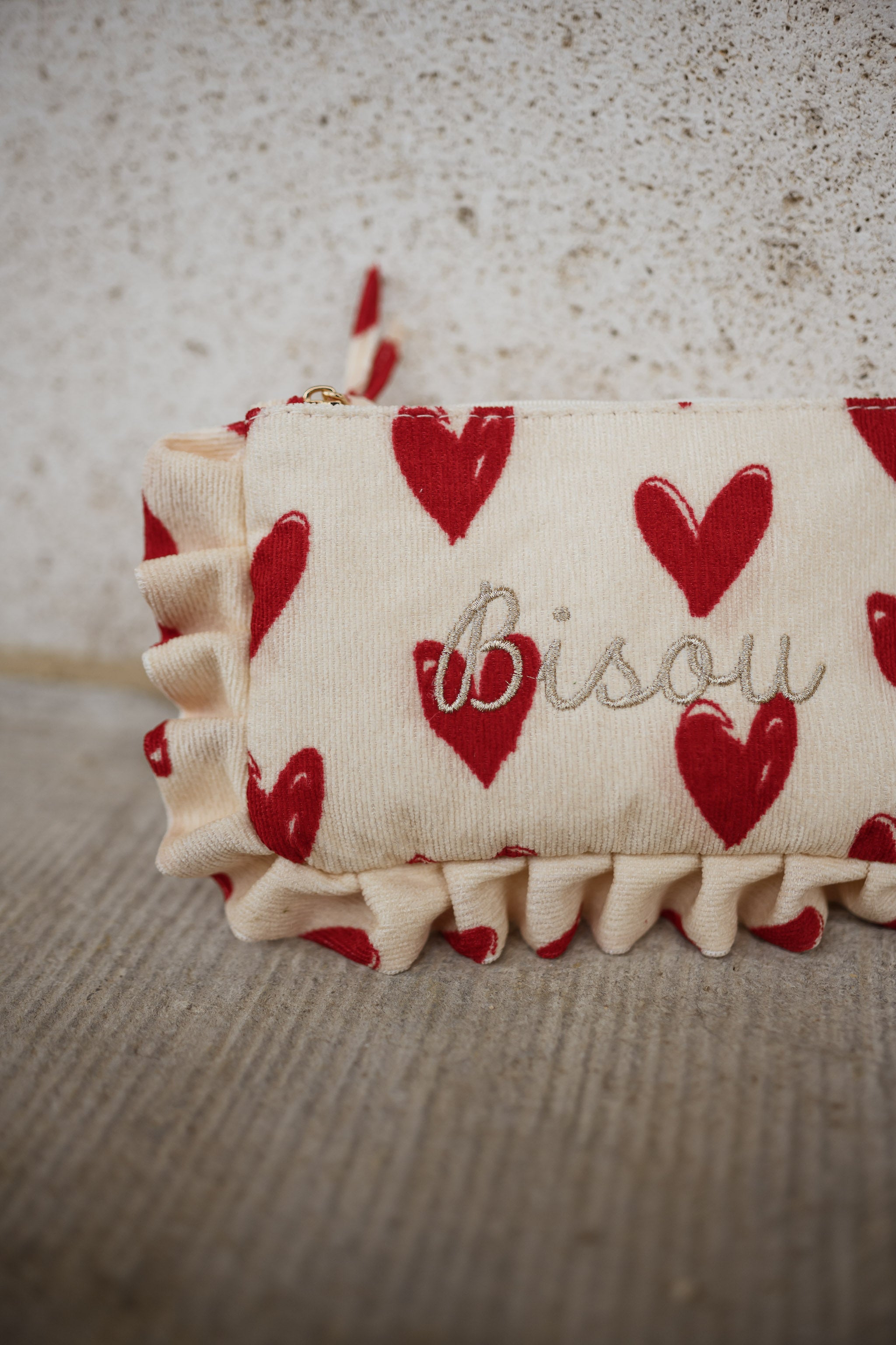 Ecru and Red "Bisous" Pouch