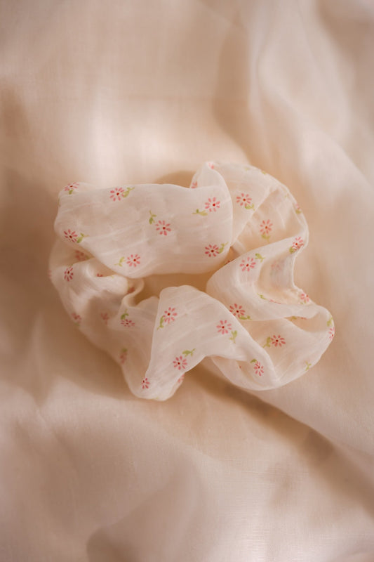 Ecru and Pink Floral Myco Scrunchie