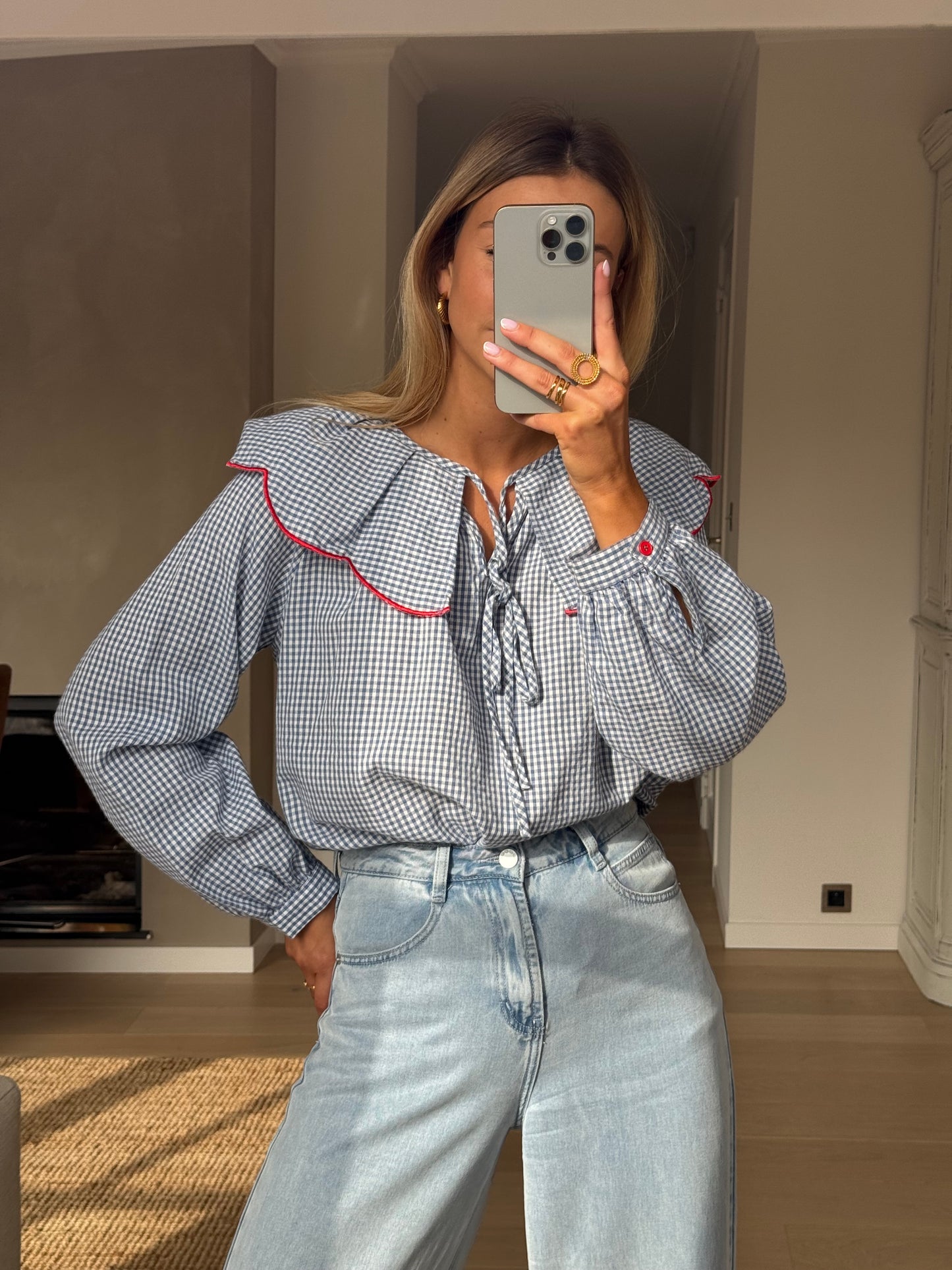 Blue and Ecru Checkered Yelena Shirt