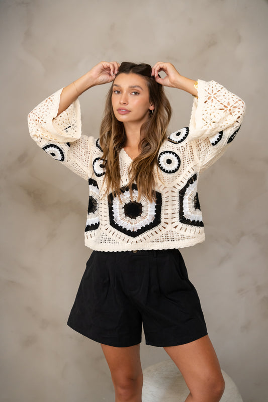 Ecru and Black Crochet Nael Blouse