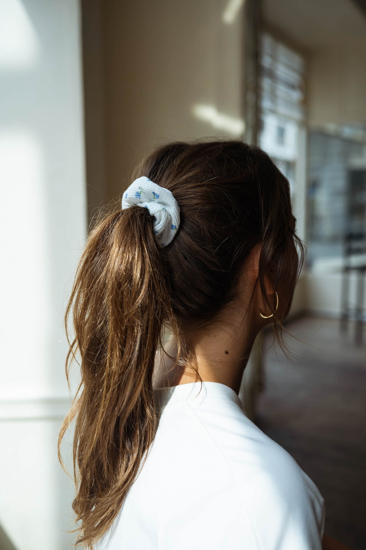 Ecru and Blue Floral Alon Scrunchie