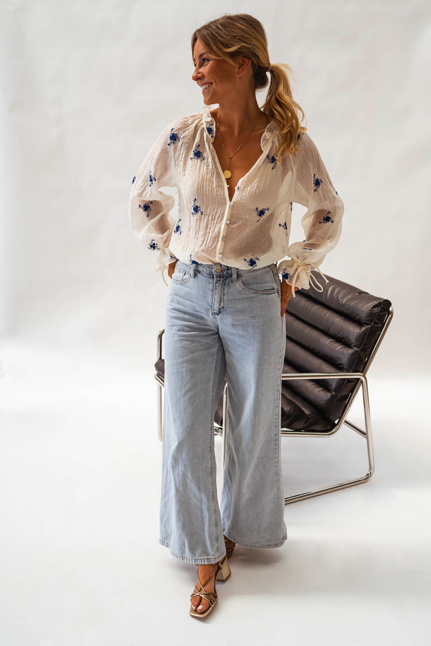 Ecru and Blue Floral Gabrielle Blouse