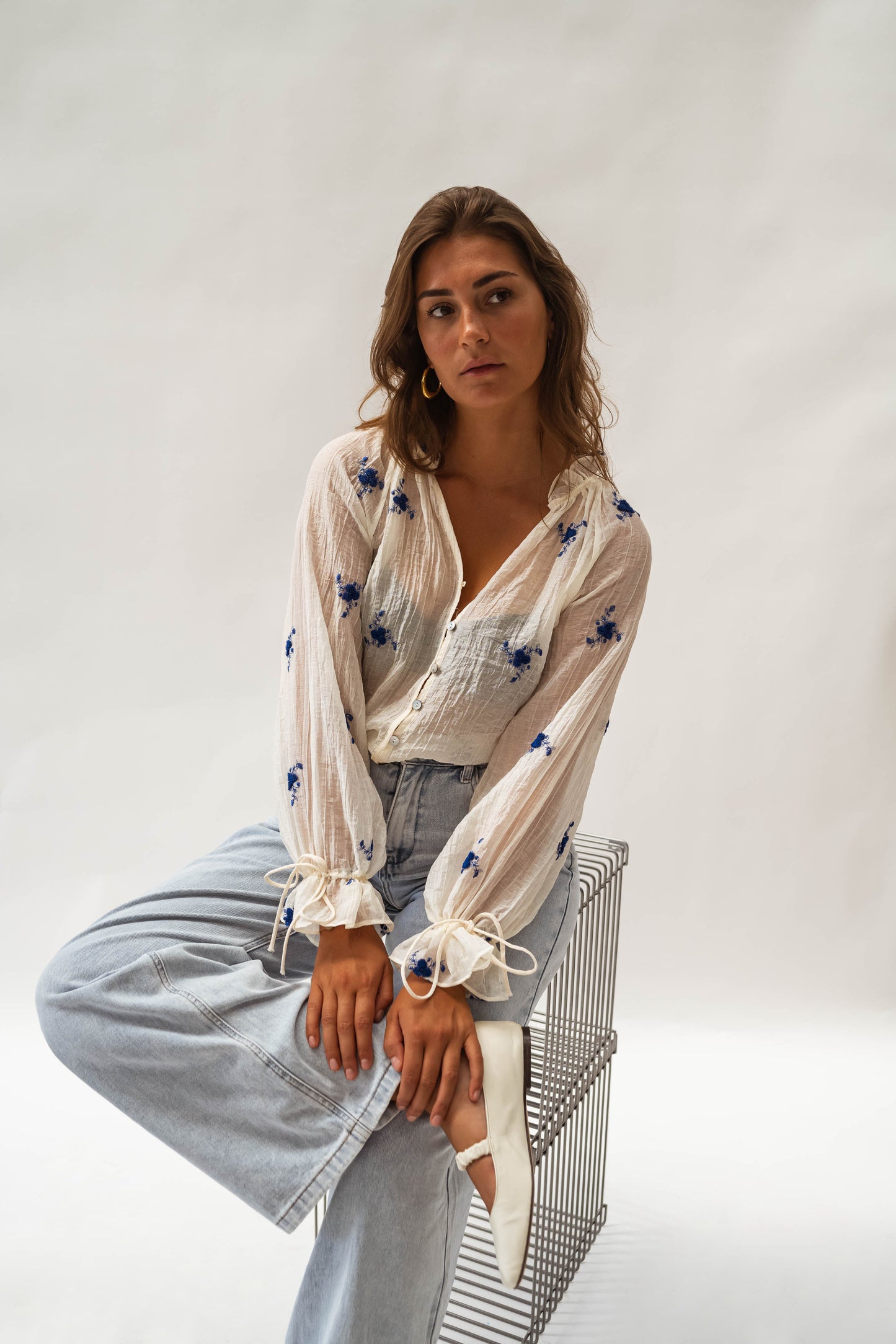 Ecru and Blue Floral Gabrielle Blouse