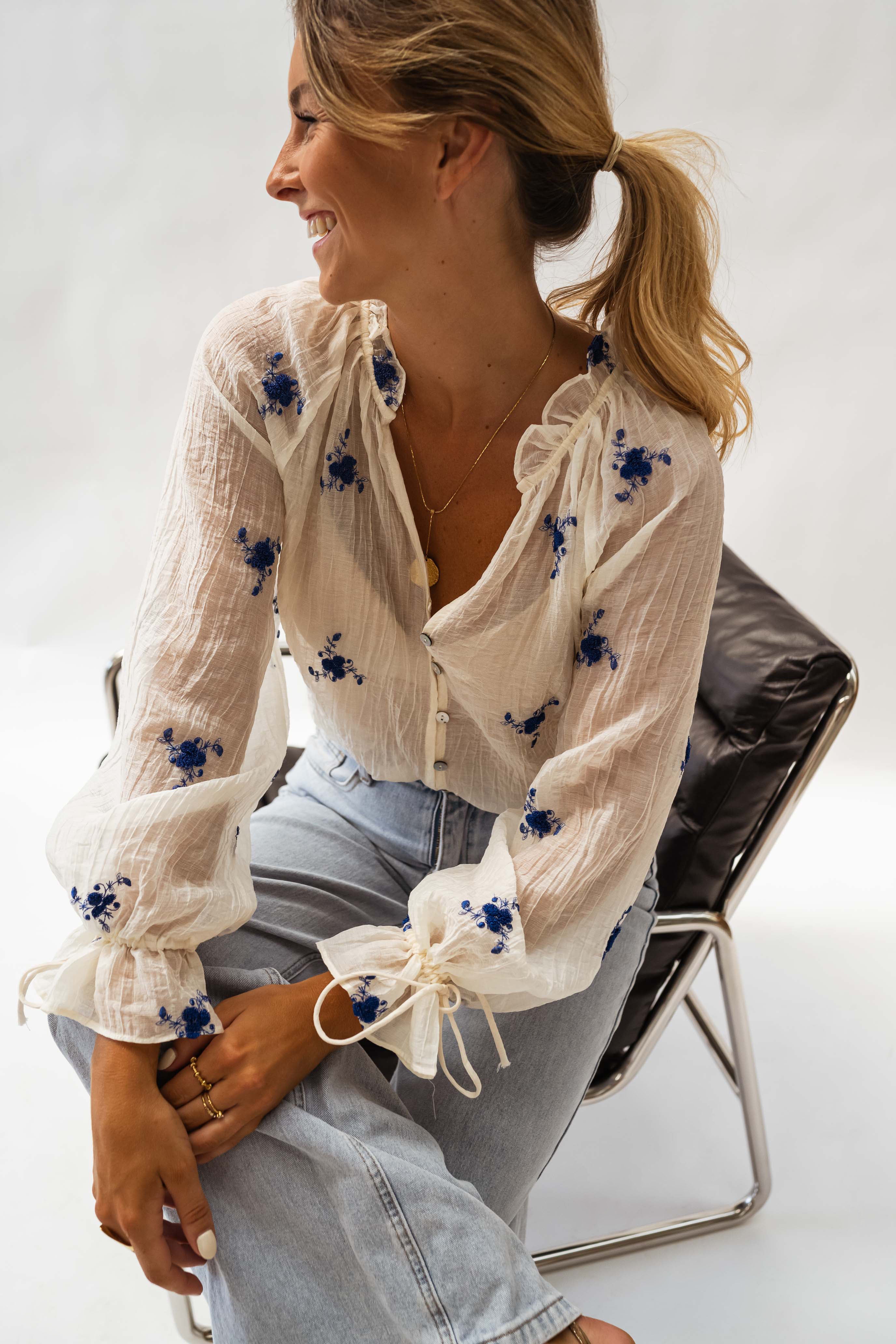 Ecru and Blue Floral Gabrielle Blouse