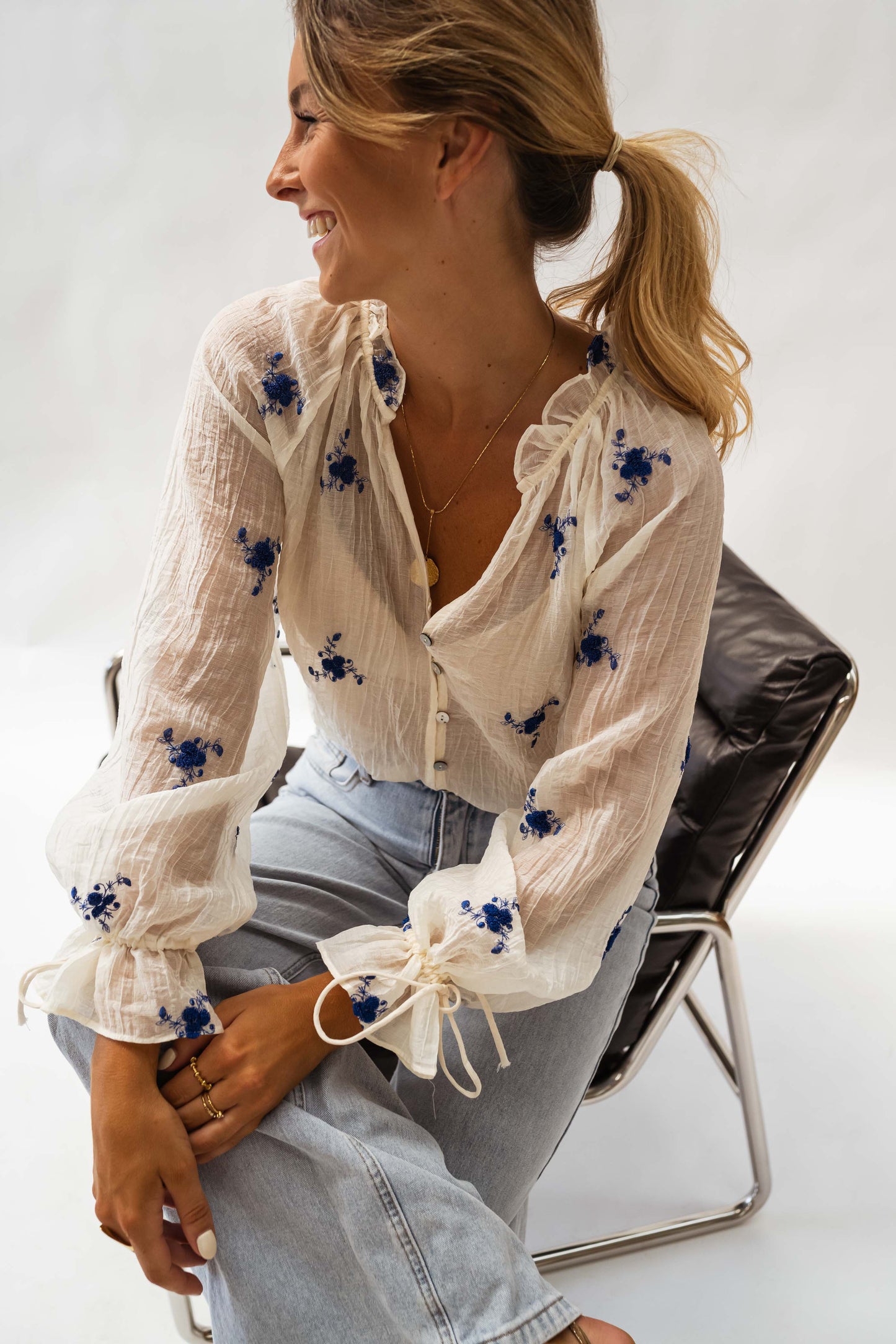 Ecru and Blue Floral Gabrielle Blouse