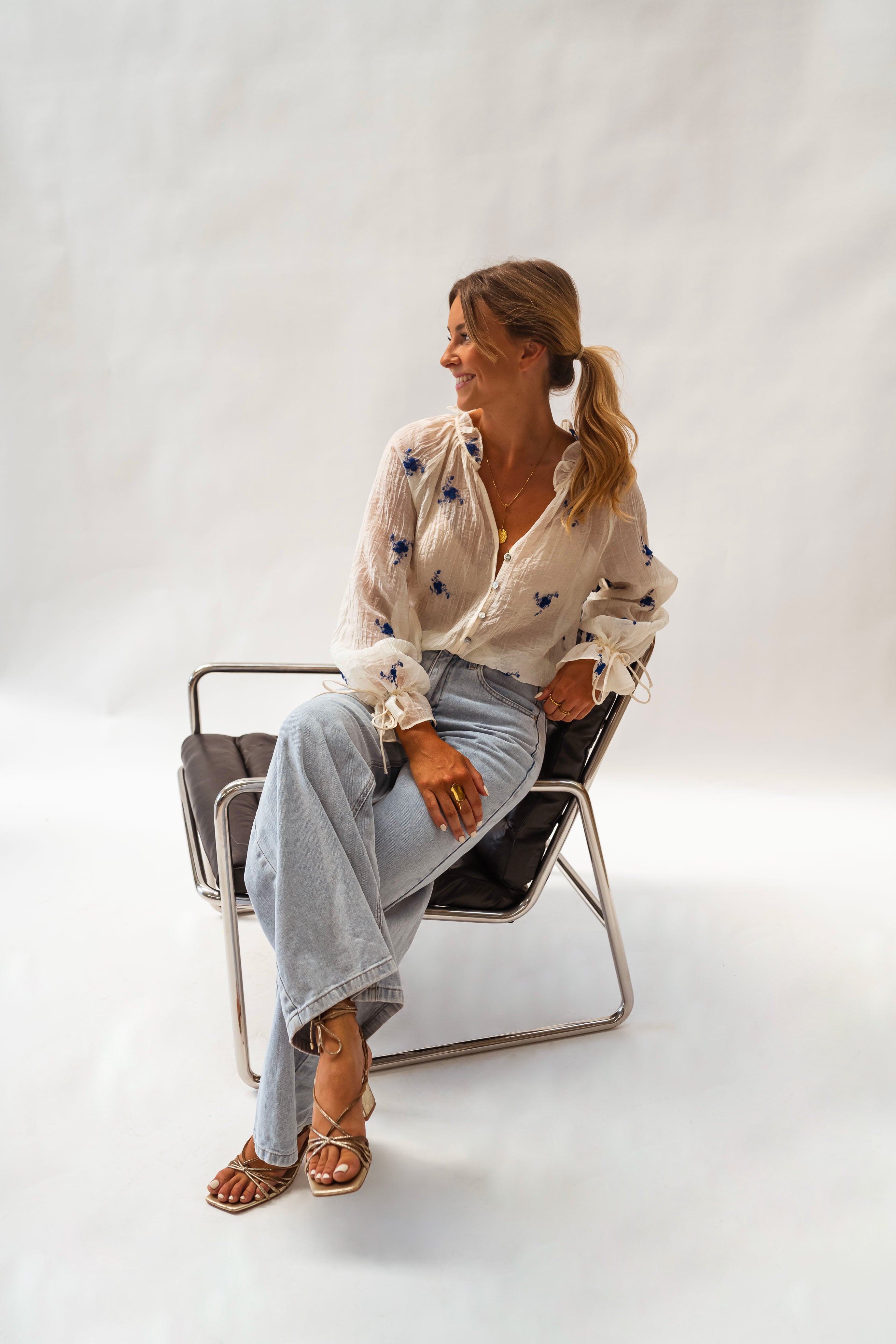 Ecru and Blue Floral Gabrielle Blouse