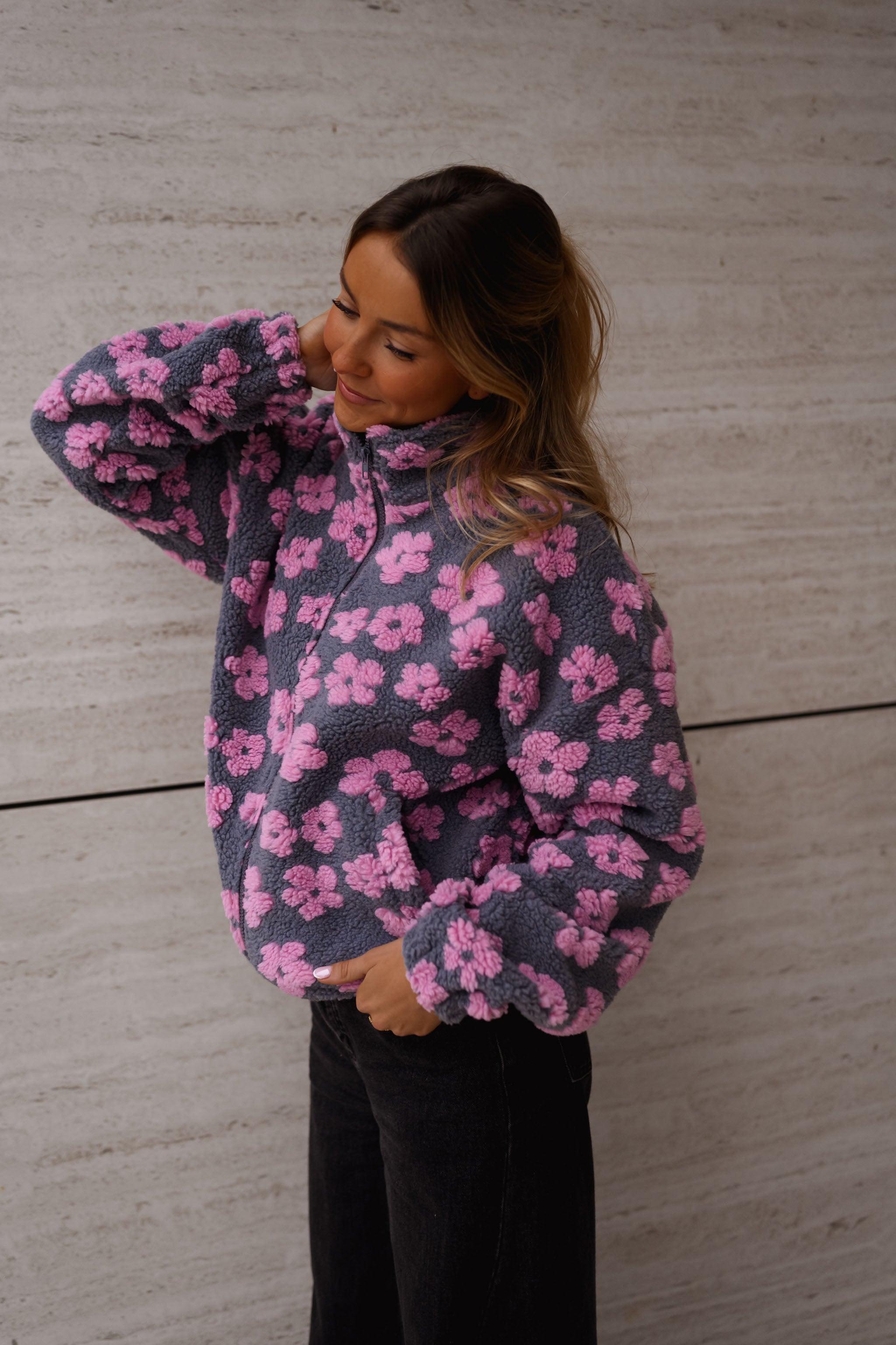 Grey with Pink Floral Tomas Fleece Jacket